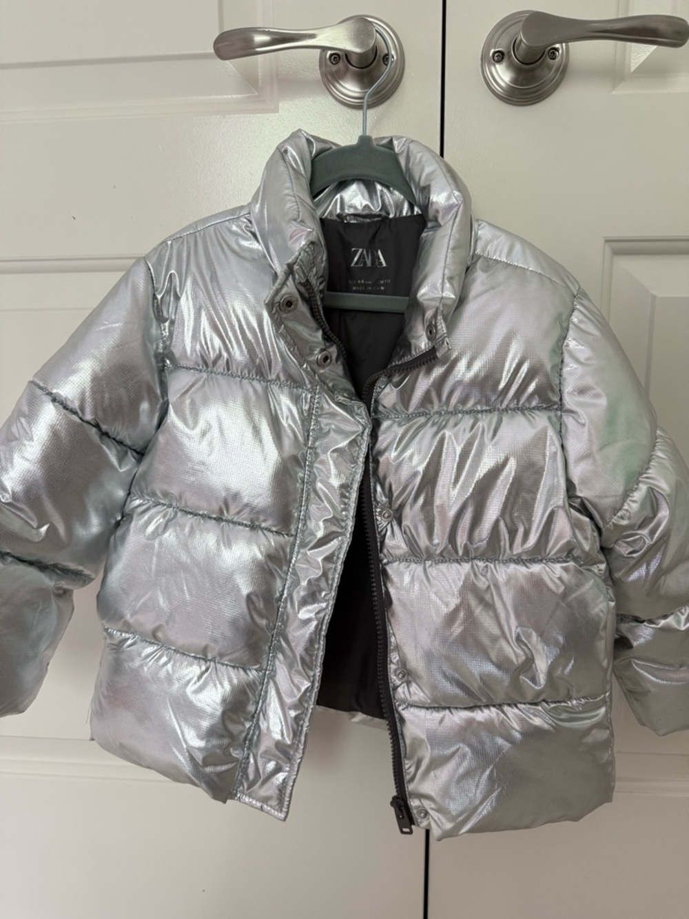 Zara Metallic Silver Puffer Coat - Women's Shiny Jacket